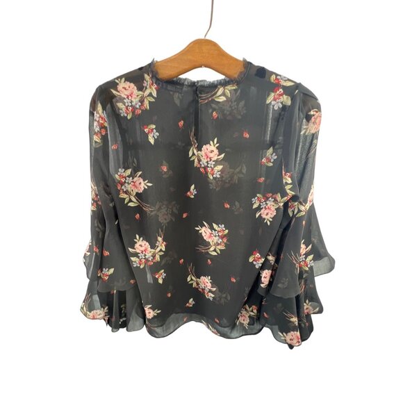 Zara Basic Size XS Floral Sheer Blouse Black Ruffle Bell Sleeve Fairygoth - Picture 2 of 10